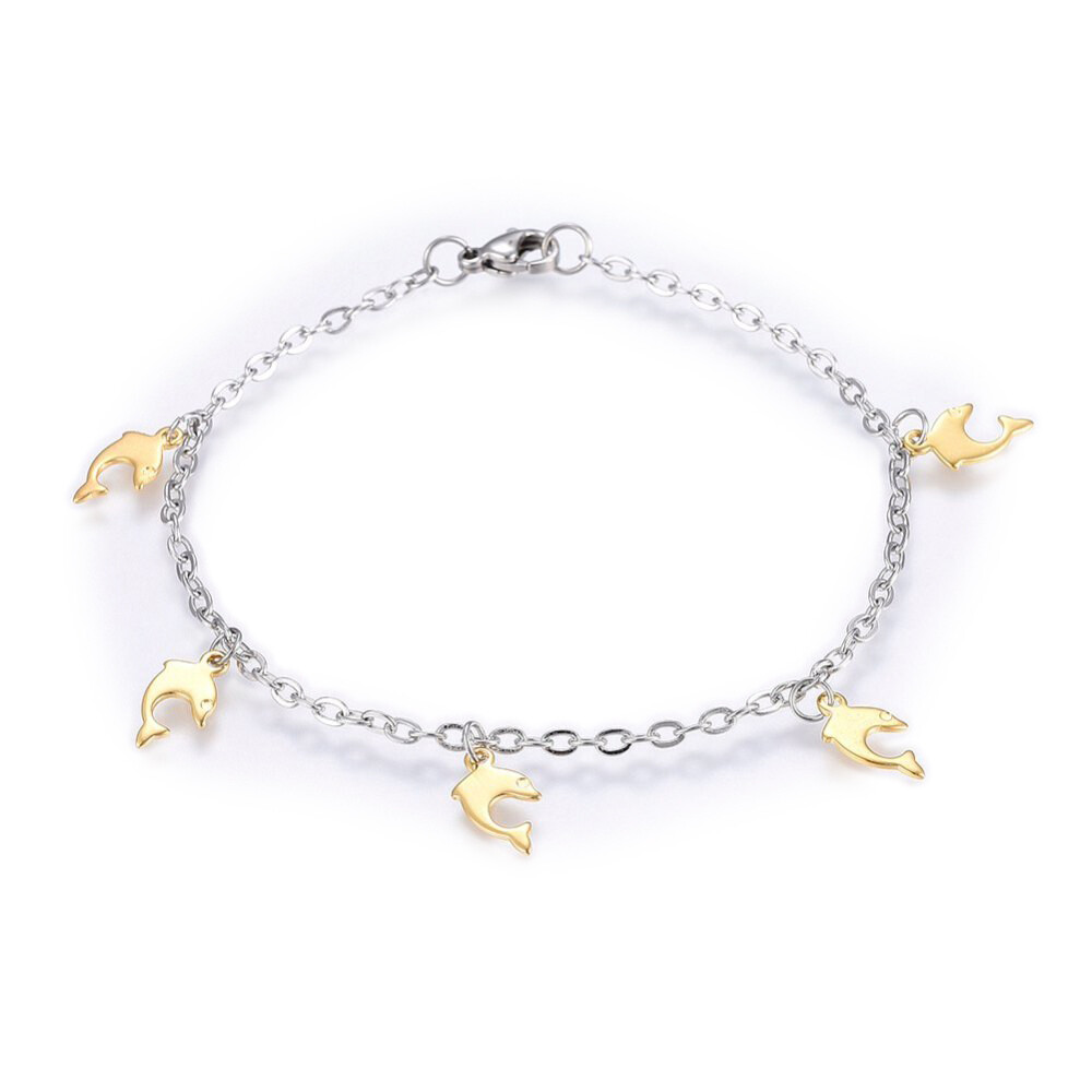 Stainless Steel Charm Bracelet Lobster Dolphin Gold Silver Color 7.8″ 2.5mm A72