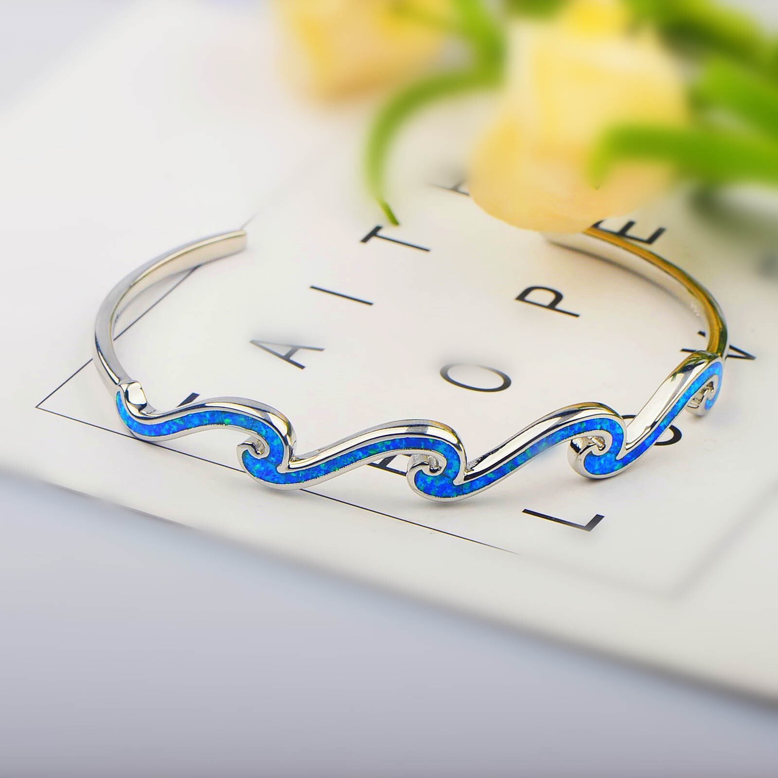 Blue Opal MultilayWaves Cuff Bangles 925 Sterling Sliver Jewelry For Women Girls