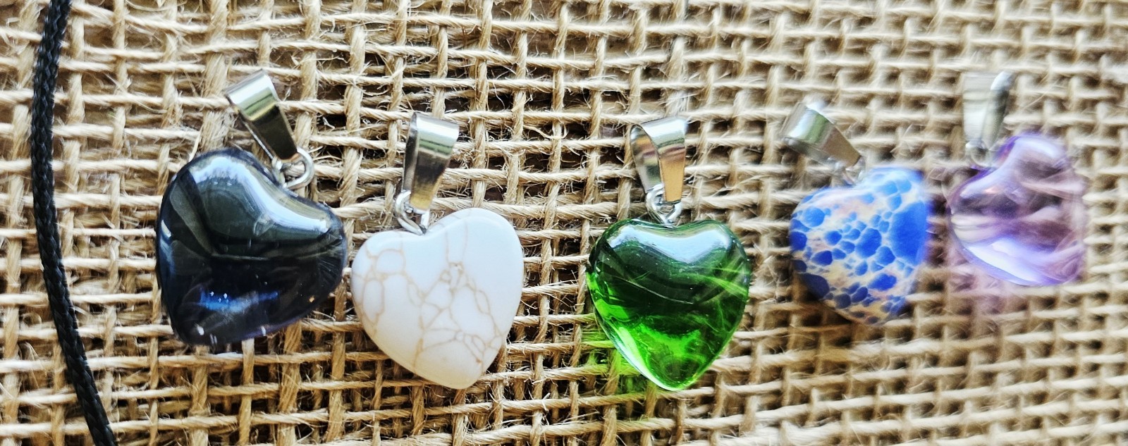 6pc Set 5 Heart 1″ Pendants Green Lavender, Blue, Marbled 18″ Necklace