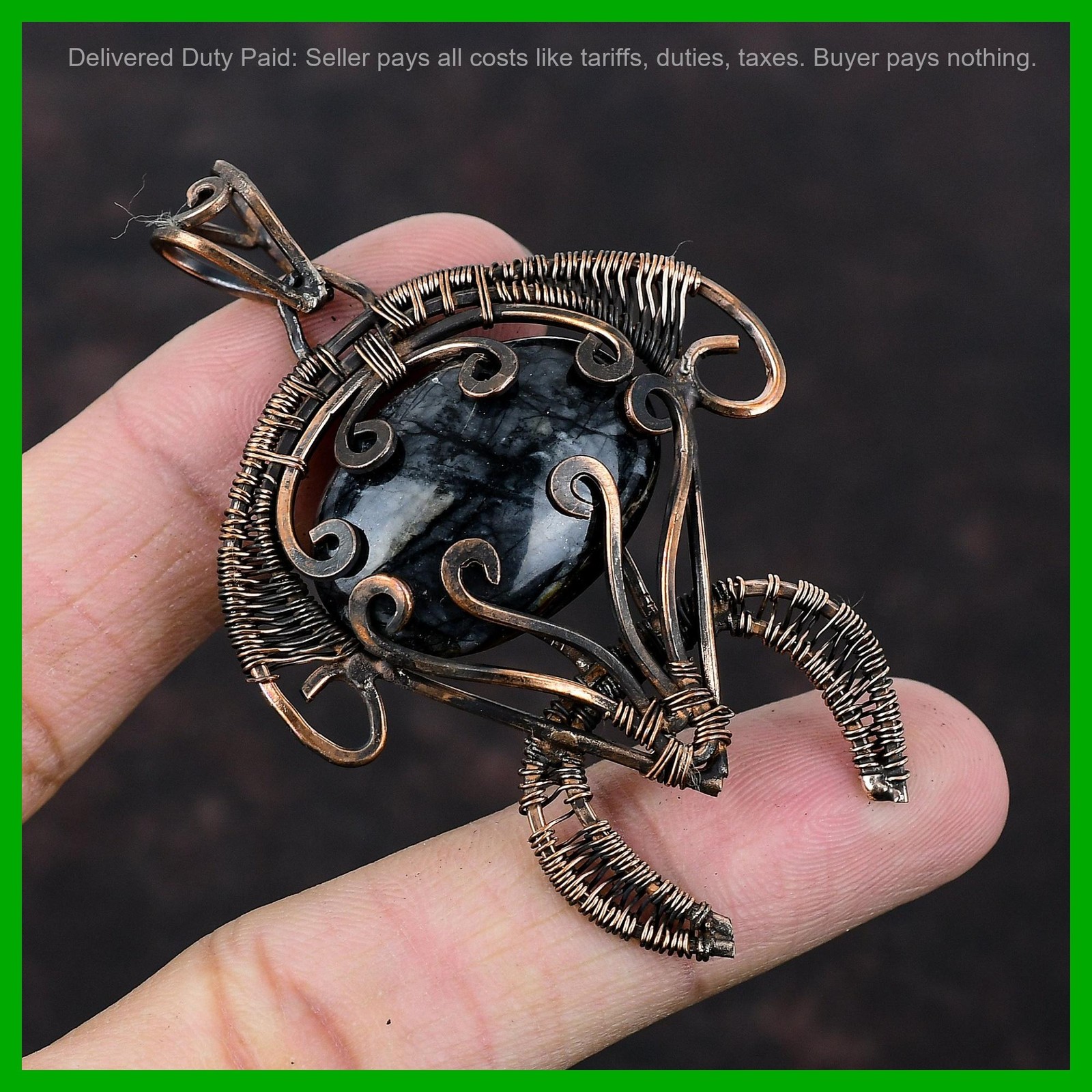 Oval Picasso Jasper Gemstone Copper Sister Wire Wrapped Tortoise Pendant Jewelry
