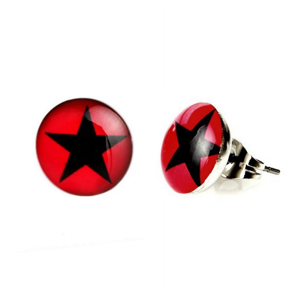 STAINLESS STEEL STAR EARRINGS 10mm Black Red Round Circle Hipster Stud Post Pair