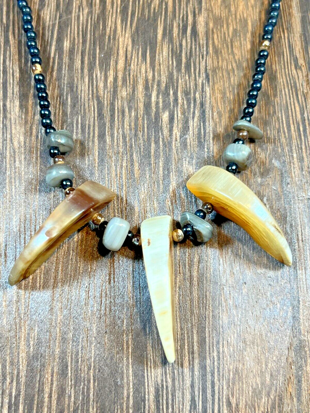 Carved Shell Beaded 15″ Necklace with Barrel Clasp