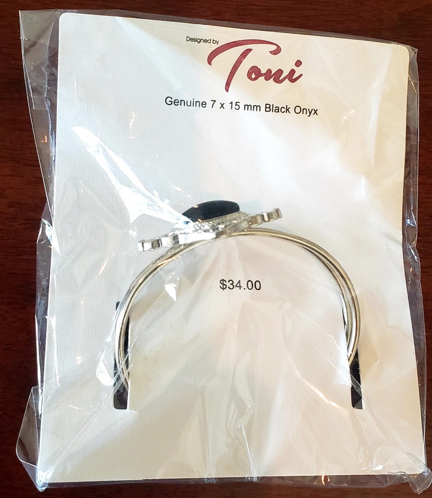 Toni Silvertone Genuine Black Onyx Open Cuff Bracelet 7×15 mm Women Adjustable