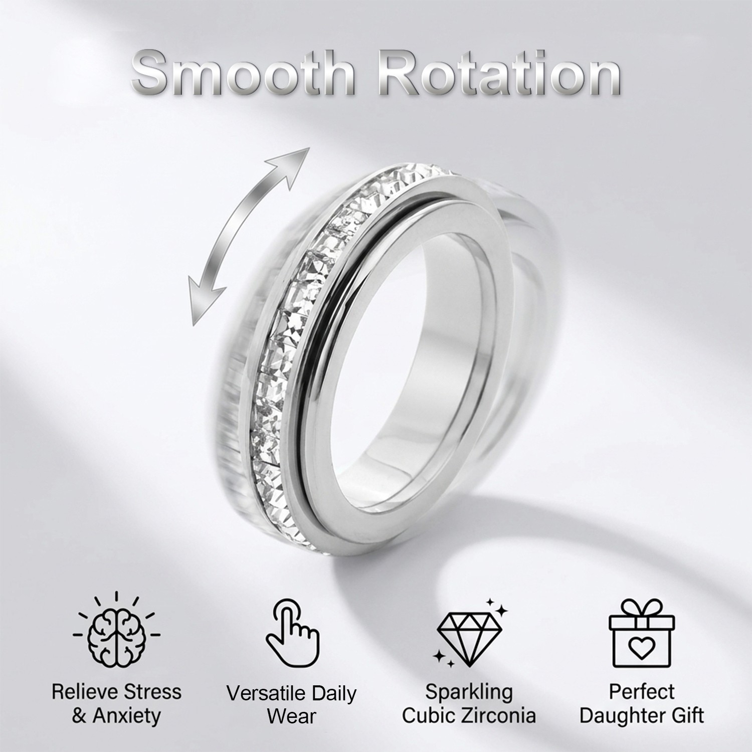 Silver Copper Zircon Fidget Relieving Anxiety Rotatable Ring Gift Size 5 to 12