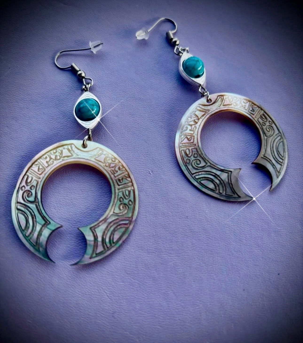Silver Tone Turquoise Cabochon Dangle Drop Earrings Hook Closure Round Hoop