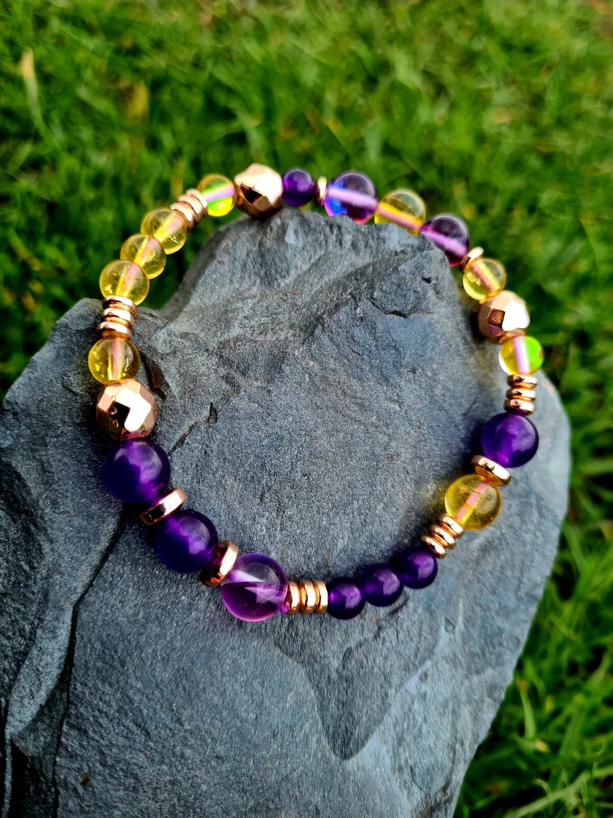 Citrine, Purple Jade, Yellow and Purple Austrian Crystal & Rose Gold Hematite…
