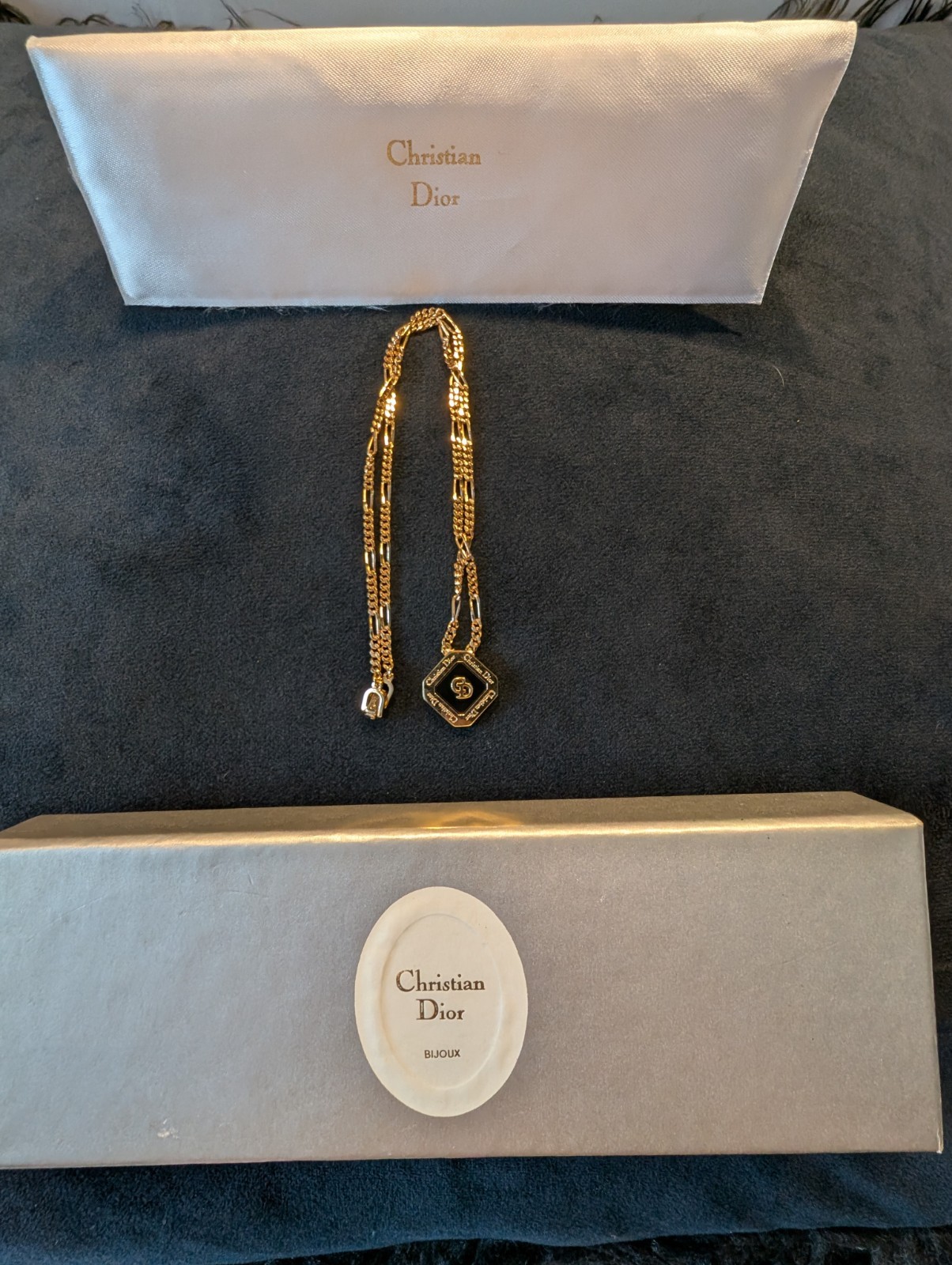 Vintage Christian Dior CD Logo Pendant Necklace Octagon Black Onyx In Box