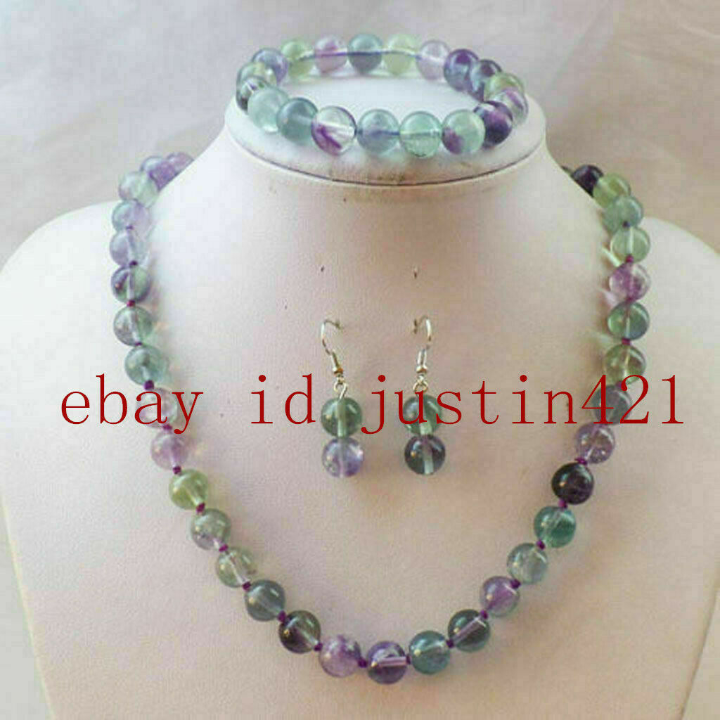 Natural 10mm Multicolor Fluorite Gemstone Beads Necklace Bracelets Earrings Set