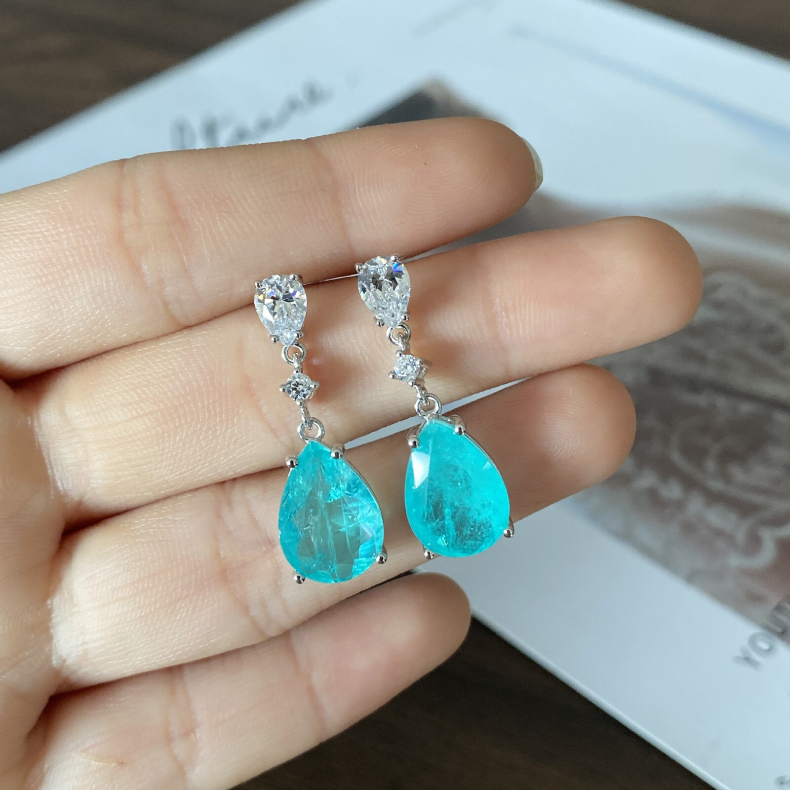 New Christmas Jewelry Paraiba Blue Tourmaline Gems Women Charm Silver Earrings