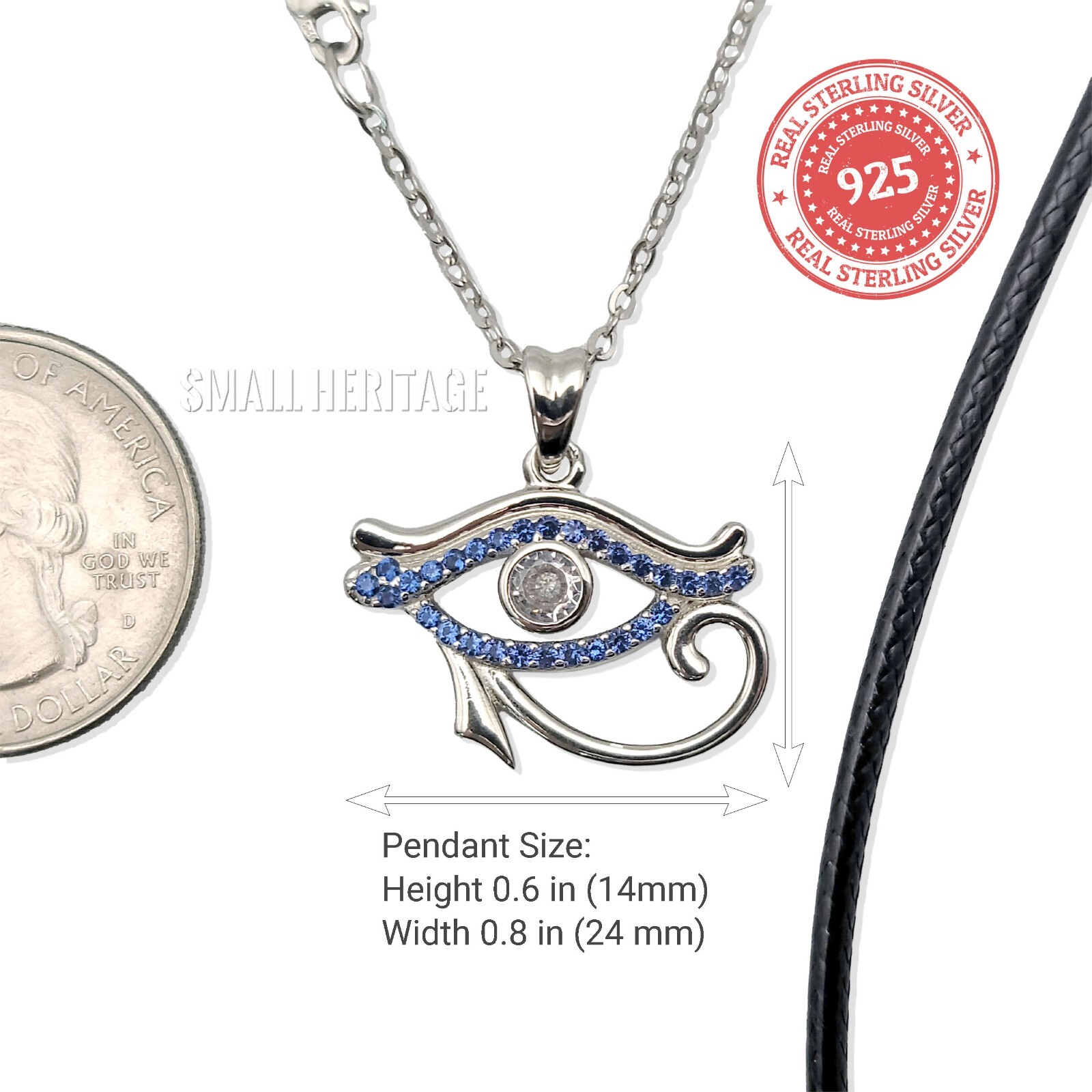 925 Sterling Silver Necklace Ancient Egypt Eye Of Horus pendant Blue crystals