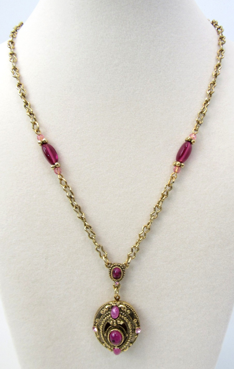 Delicate 1928 Brand Lavalier Locket Pink/Rose Stones on 26″ Long Chain Necklace