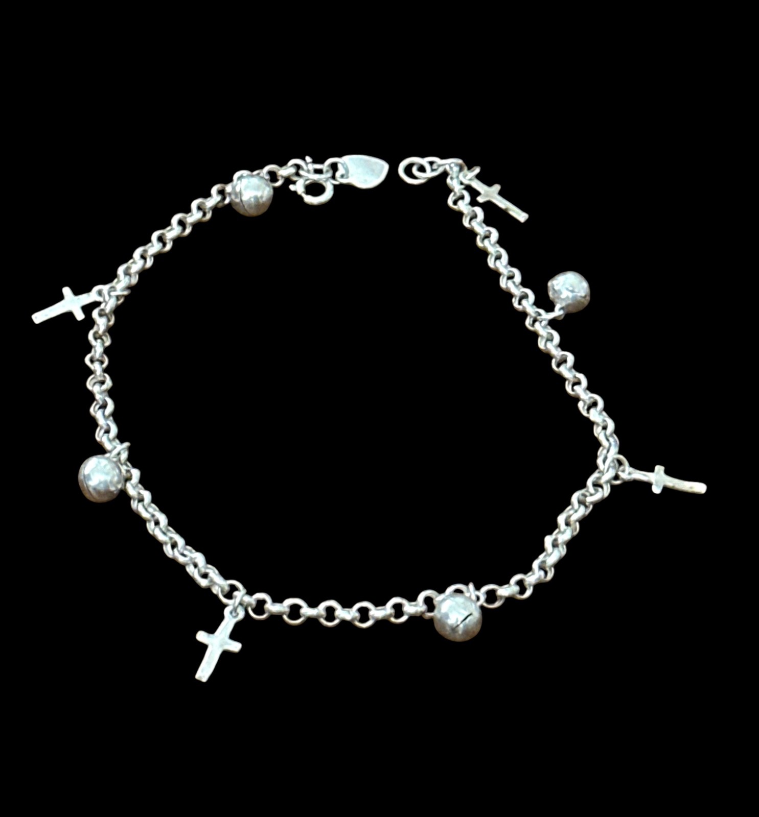 Sterling Silver Anklet- .925- CROSS & BALL CHARMS- link chain- 10″ inches long