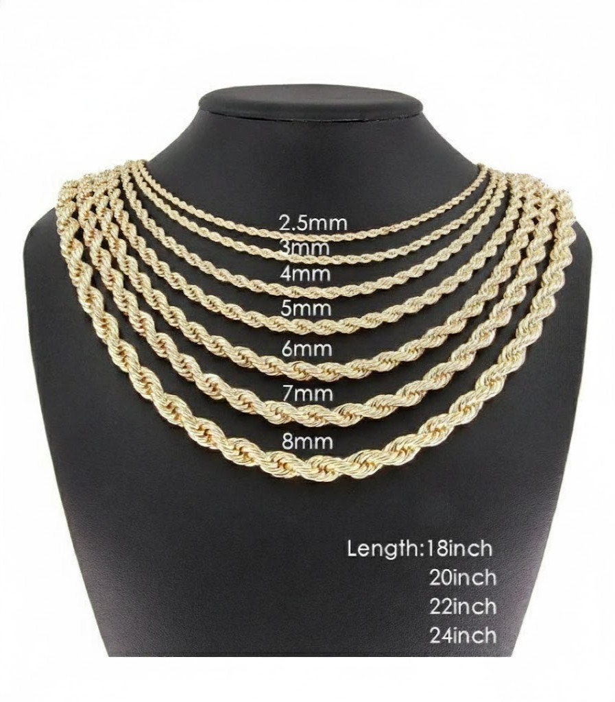 14k Gold Filled Rope Chain 3mm-6mm Necklace 18-24″ Men Women