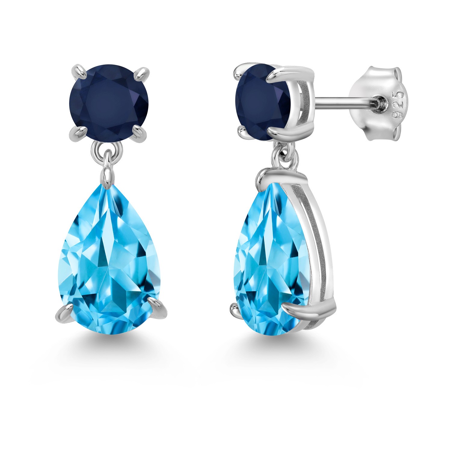 925 Sterling Silver Swiss Blue Topaz and Sapphire Teardrop Dangle Drop Earrings