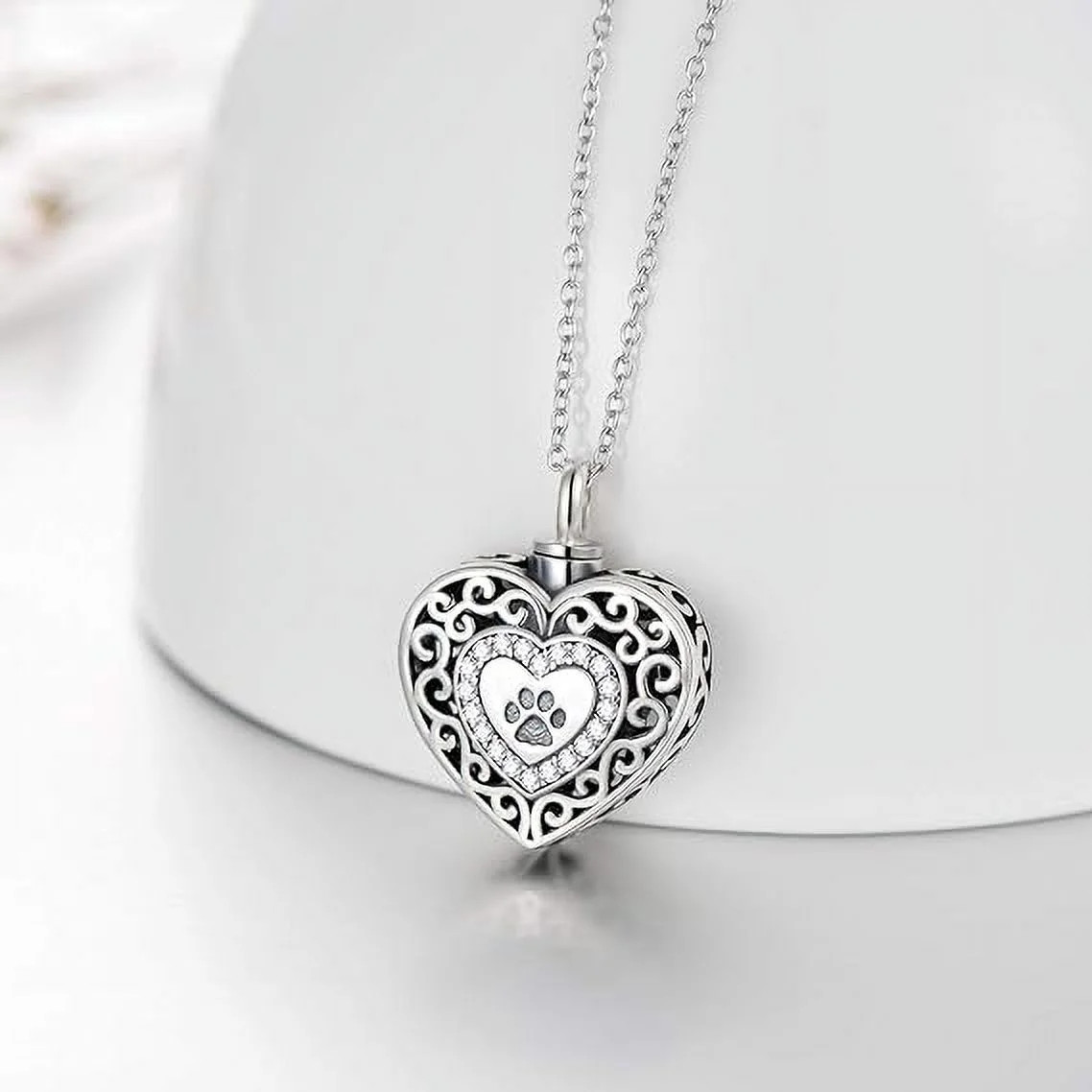 925 Sterling Silver Heart Urn Necklaces Engraved Pawprint Forever in My Heart Cr
