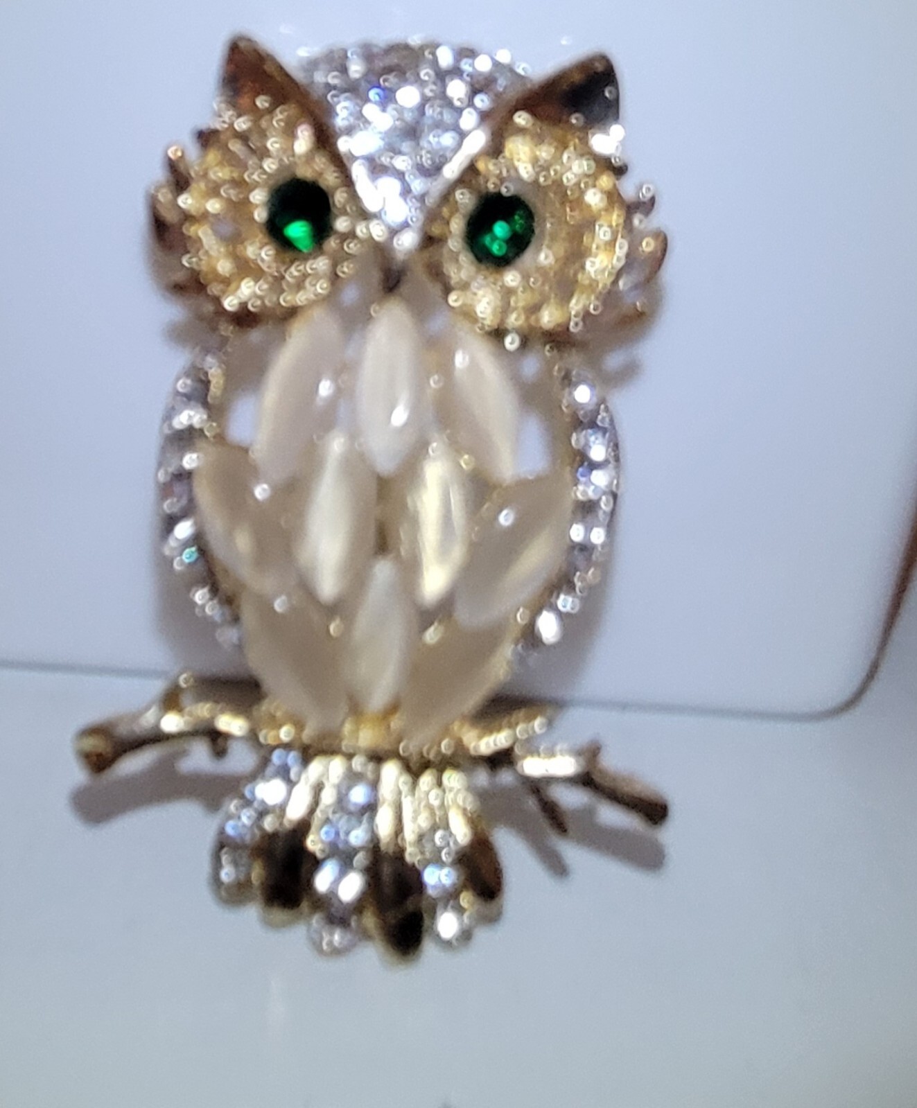 Owl Pin Costume Jewelry 2.25 inches Gold tone USA seller green eyes