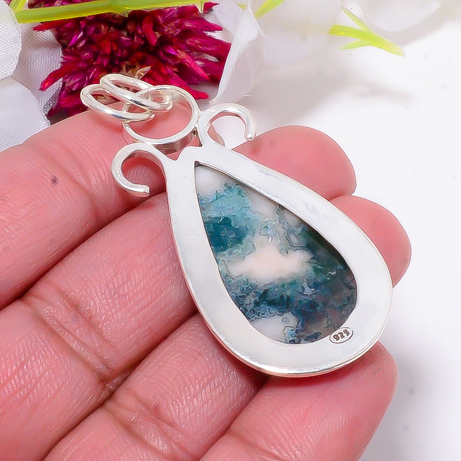 Moss Agate – India Gemstone 925 Sterling Silver Jewelry Pendant 2.26″ Sku23