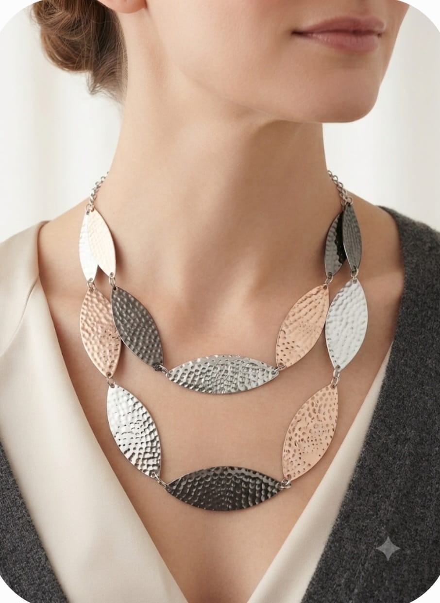 Chic Hammered Multi Metal Leaf Layered Necklace Layer Statement Chain Jewelry