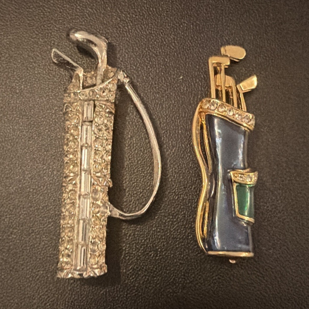 Golf Bag Clip-On Brooch Pin Lot of 2 Metal Gold & Silver Tone Blue Green