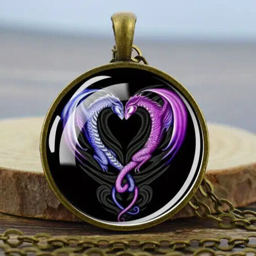 Purple Dragon Love Heart Round Pendant Necklace Jewelry