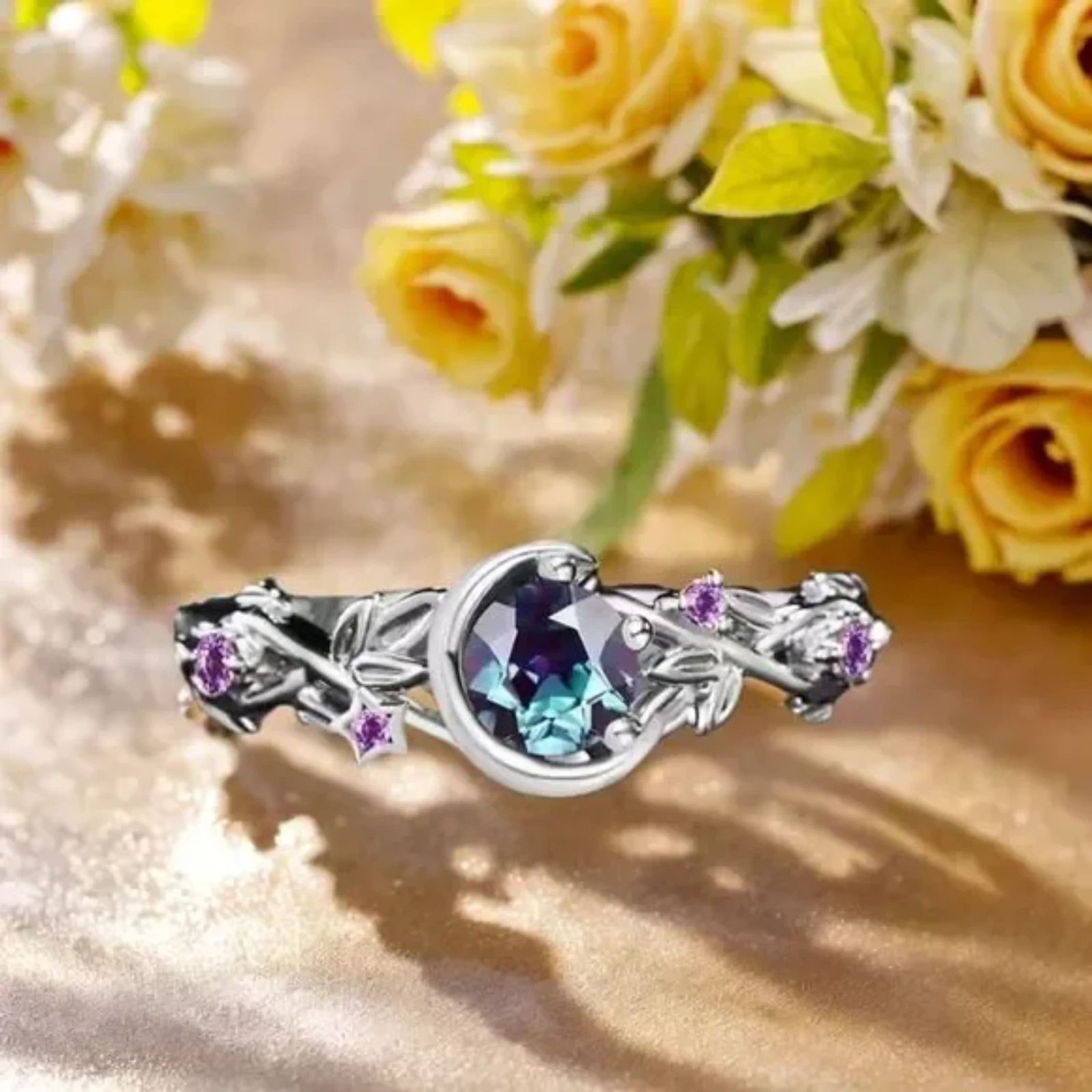 Celestial Silver Crystal Ring Moon Stars Gemstone Flowers Boho Fashion sz: 8