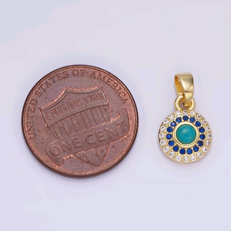 14K Gold Filled Turquoise CZ Round Pendant Micro Pave Gemstone Charm DIY