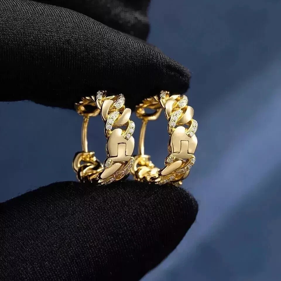 925 Silver Round Cut Simulated Diamond Fancy Hoop Earring 14K Yellow Gold Plated