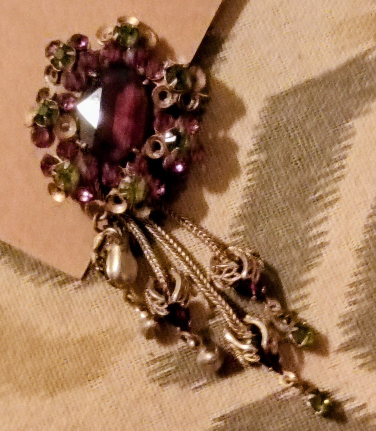Silver Tone Dangle Brooch Pin Purple Marquise Rhinestone Tassel Metal