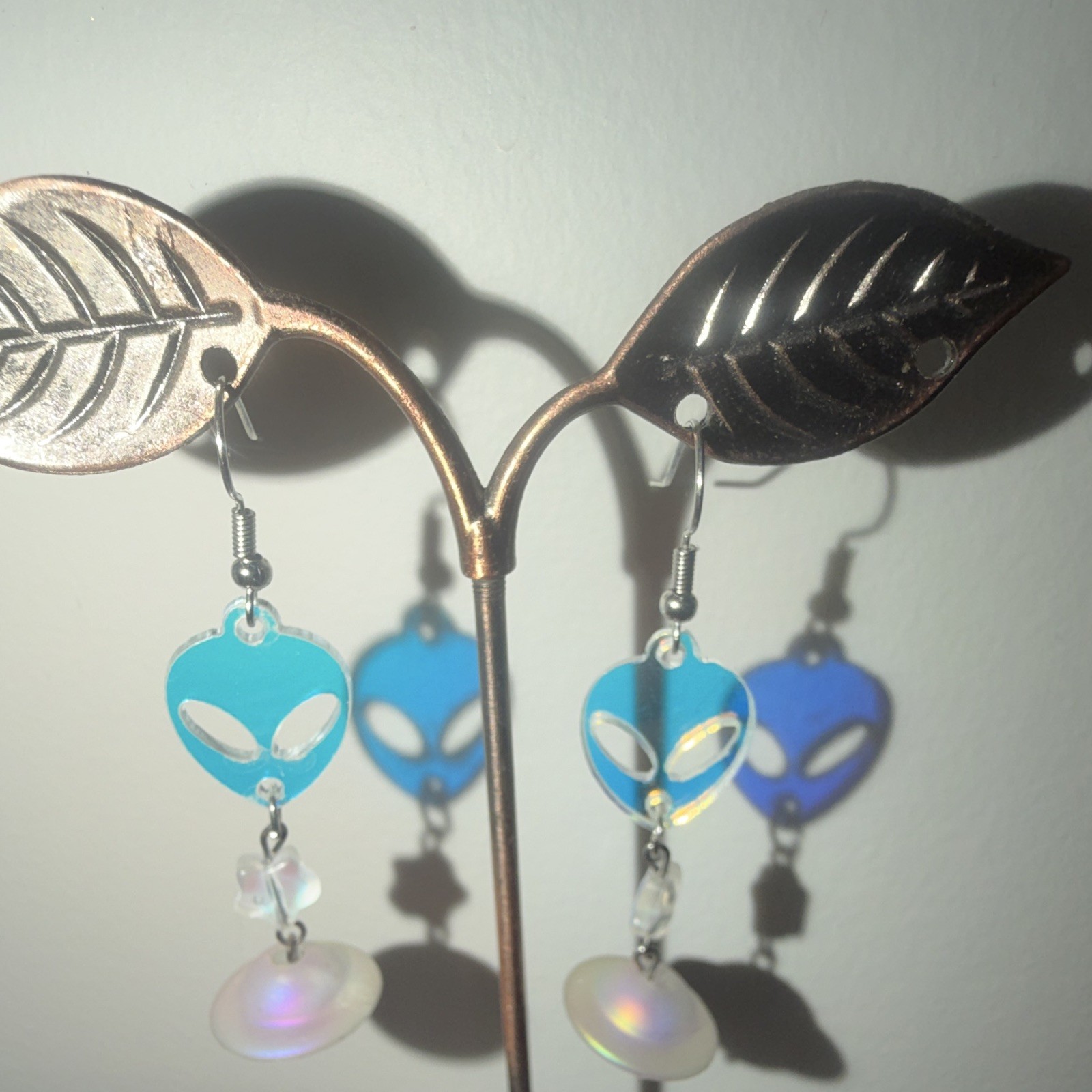 Blue Alien Head & UFO Beaded Dangle/Drop Hook Earrings Plastic/Metal No Stone
