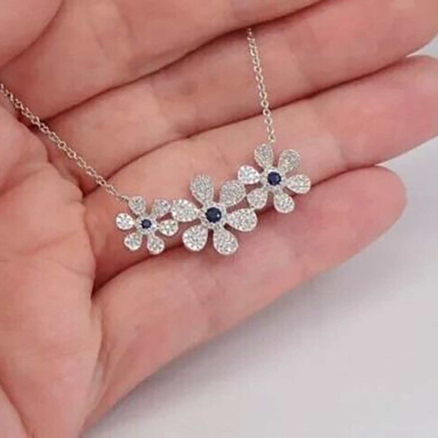 2.87 Ct Round Cut Simulated Blue Sapphire Flower Pendant 14k White Gold Plated