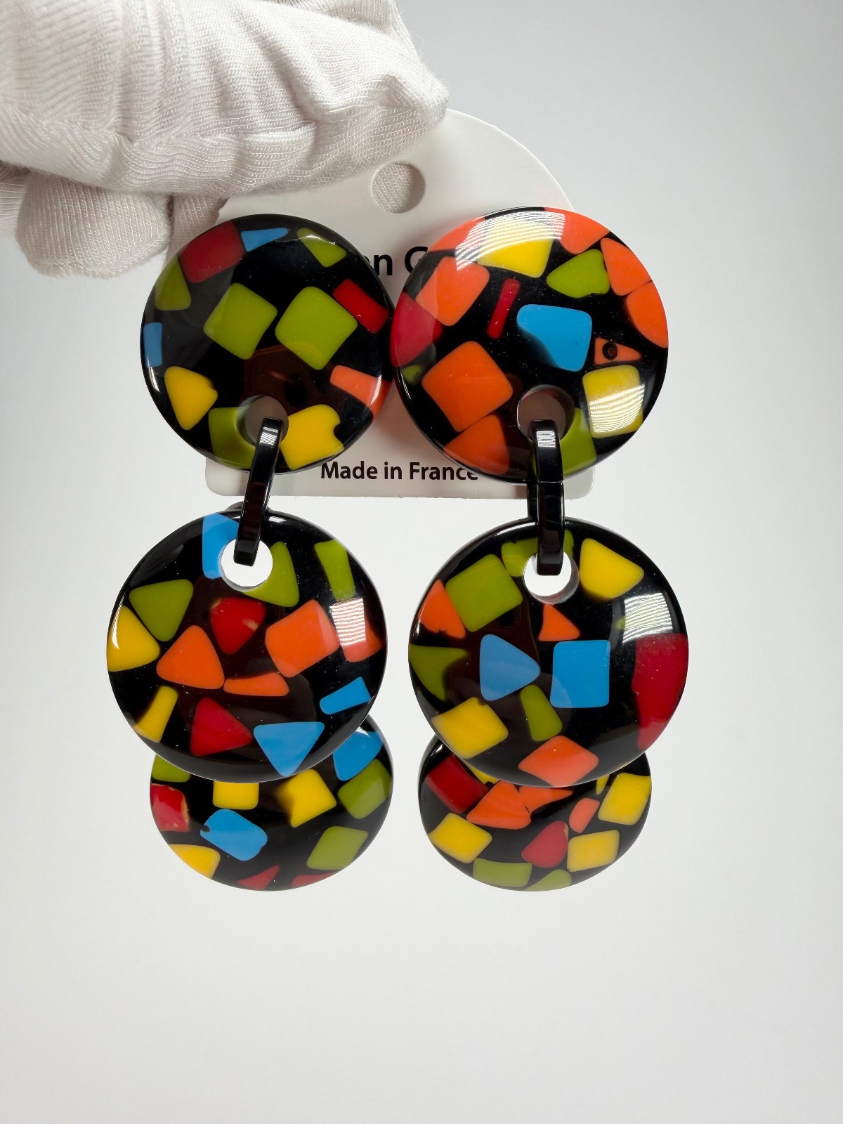 Marion Godart Confetti “Pendentif Triple Art Deco Pendant Resin Clip On Earrings