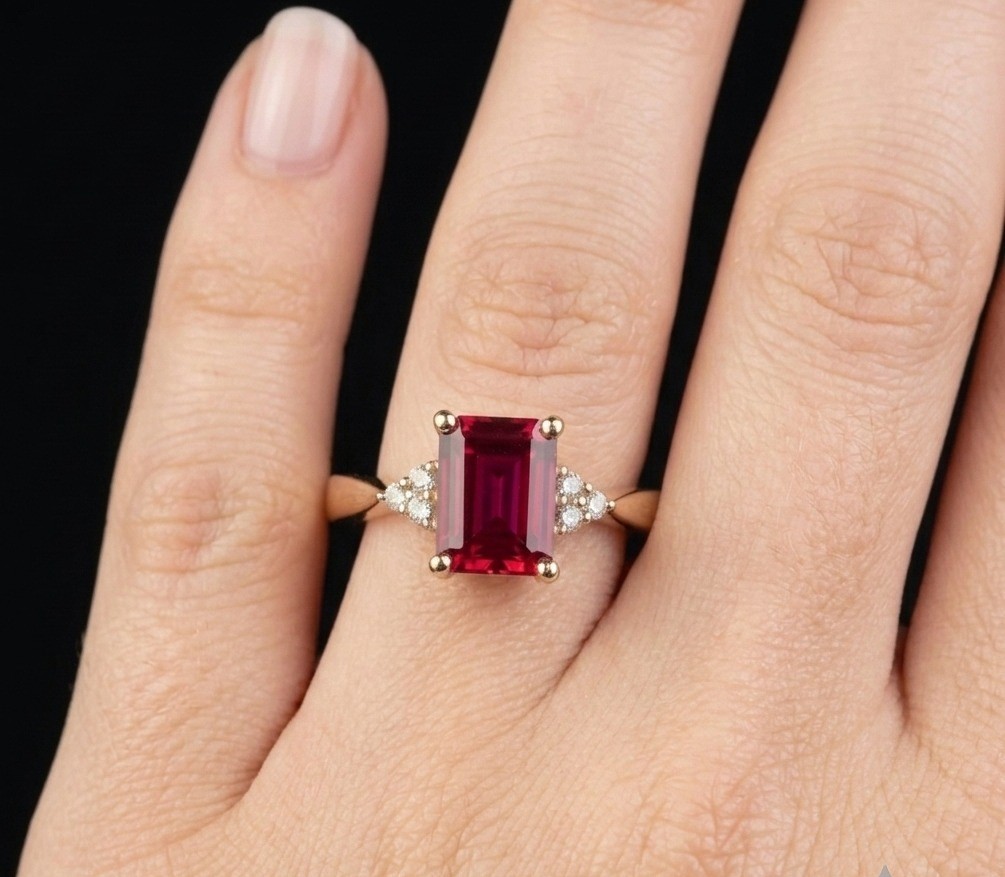 Emerald Cut Lab-Created Ruby, 925 Sterling Silver Statement, CZ Accents,