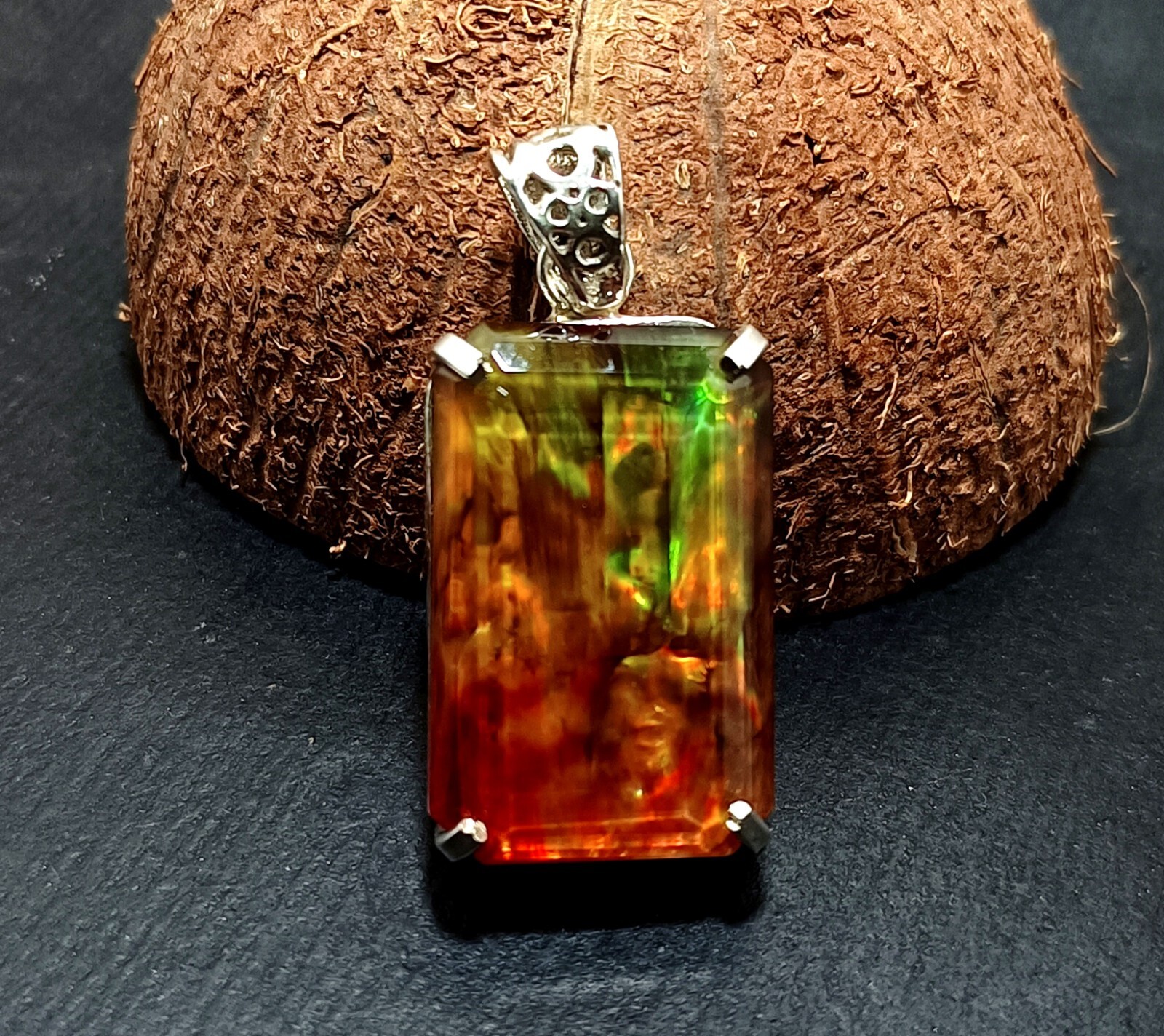 58.40 Ct Natural Ammolite 925 Solid Silver Rainbow PENDANT Certified Gemstone