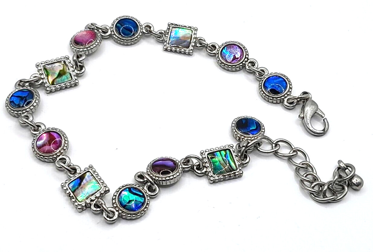 Vintage Multicolored Iridescent Shell Bracelet Silver Tone Length Chain 7”-9”