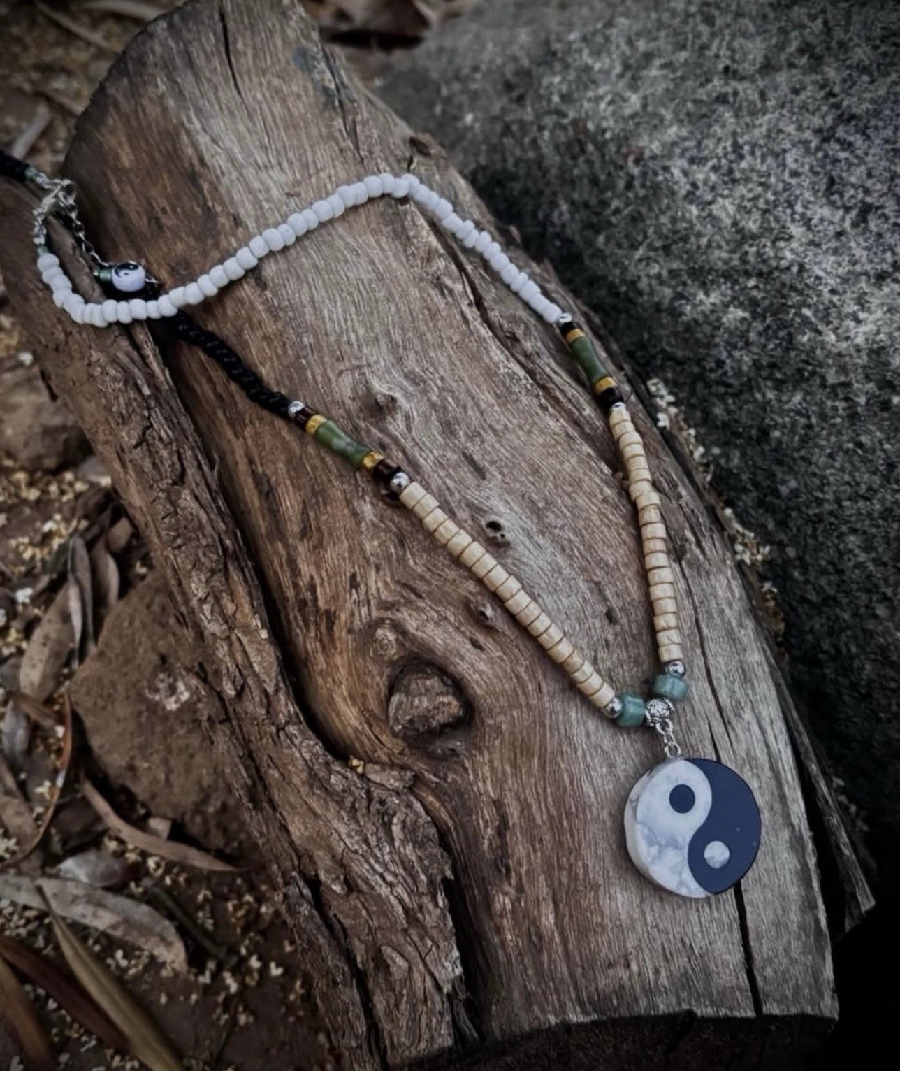 Multicolor Glass & Wood Beaded Necklace w/ Round Yin Yang Pendant, Adjustable