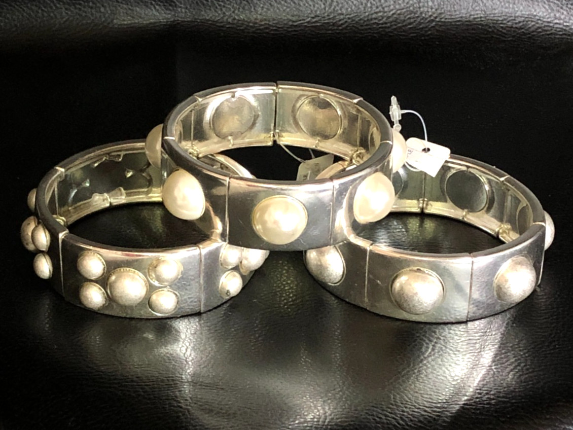 Silver Bangle Stretch Bracelet Fashion Statement Modern Brutalist Set 3pc 8513