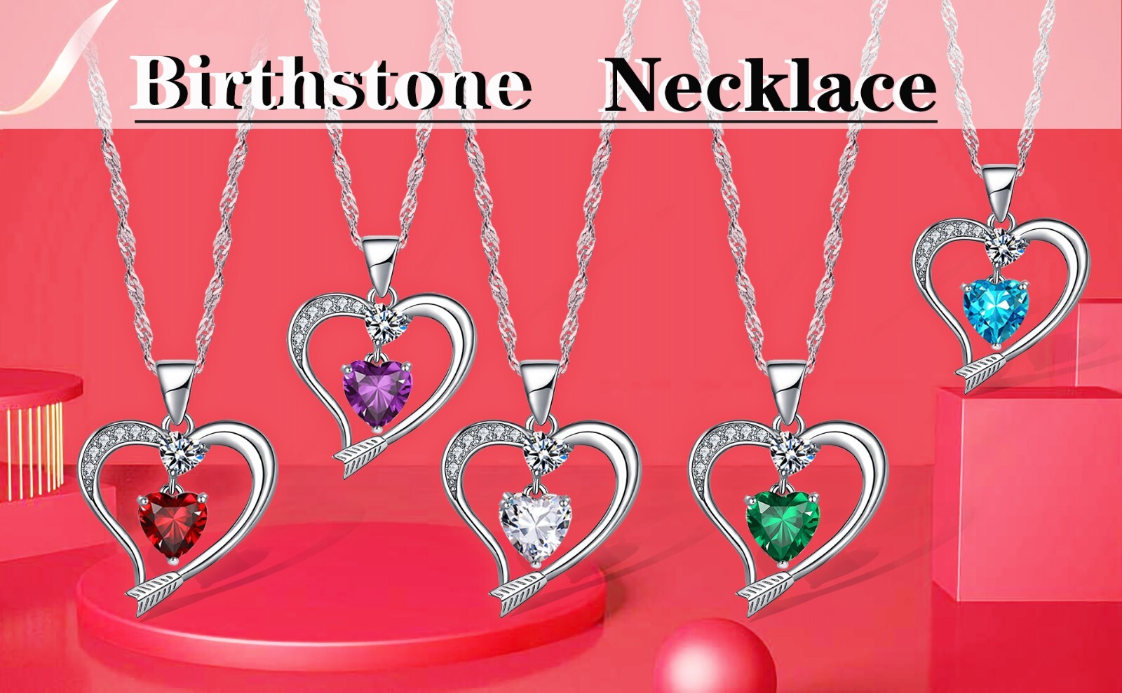 Birthstone Necklace for Women 18k White Gold Plated Arrow Heart Pendant Jewelry