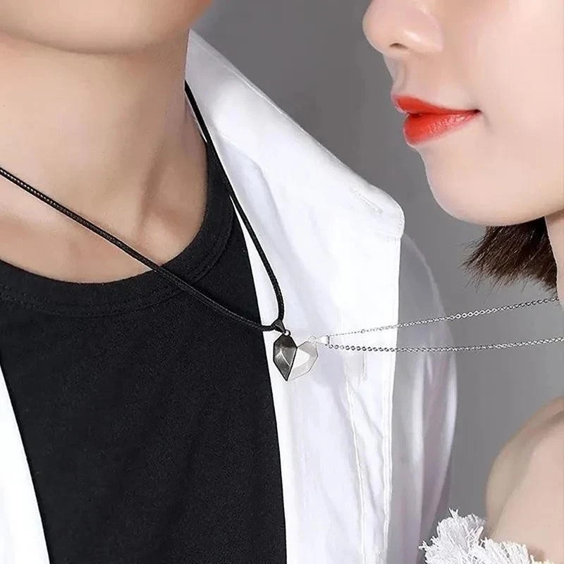 Couple Pendant Necklace Magnetic Heart Electrocardiogram Splicing Valentine Gift