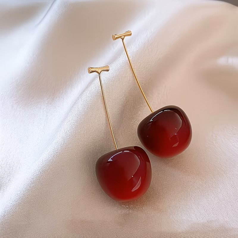 Sweet Red Cherry Dangle Earrings Cute Fruit Drop Statement Fashion Jewelry