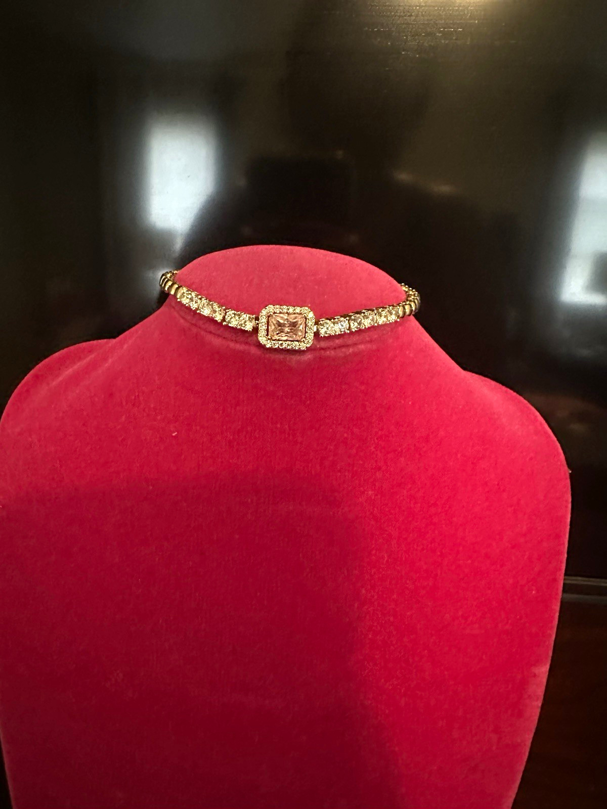 14k gold plated bracelet , White Crystal Round Stones, Square Center pink