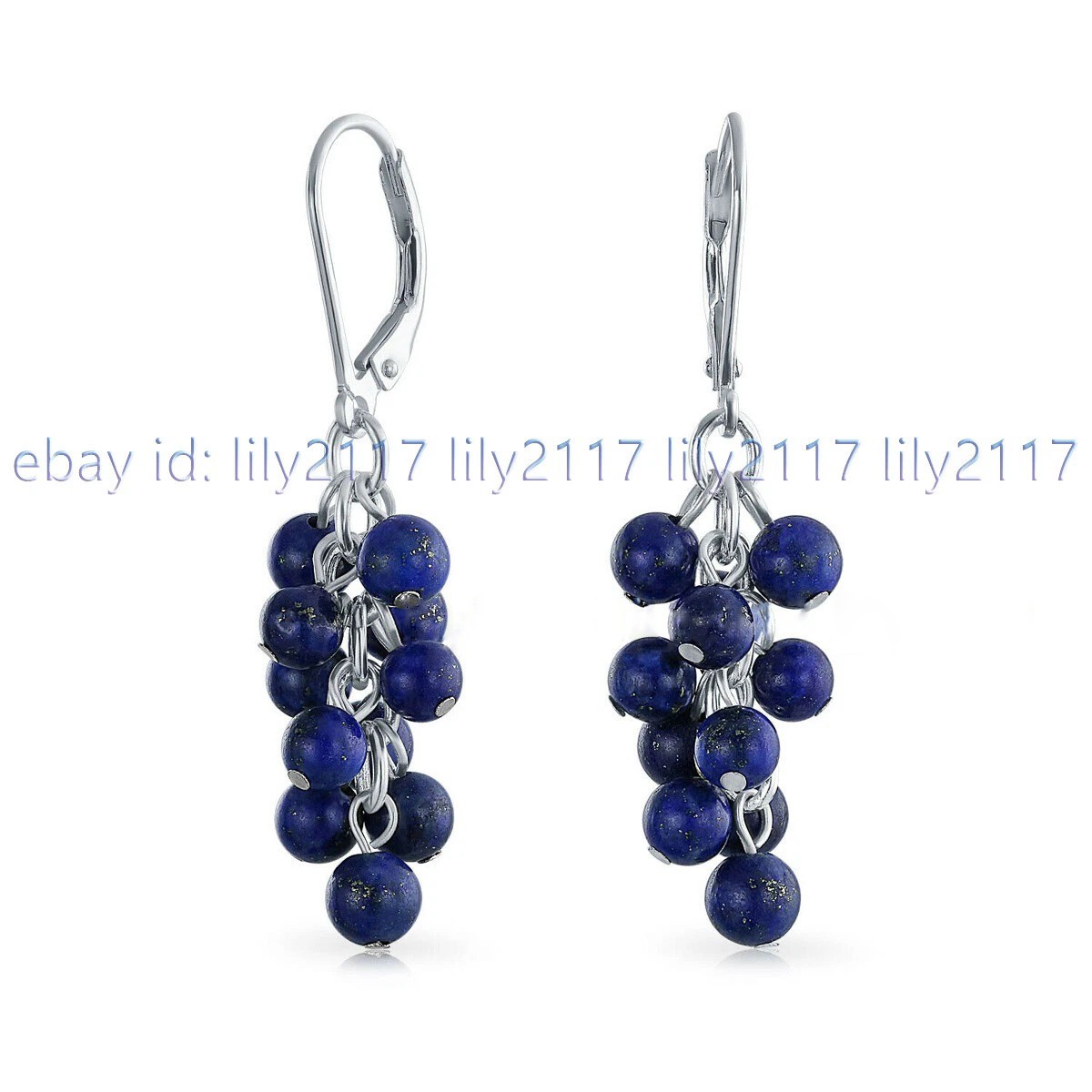 6MM Blue Lapis Lazuli Round Gemstone Beaded Grape Cluster Dangle Silver Earrings