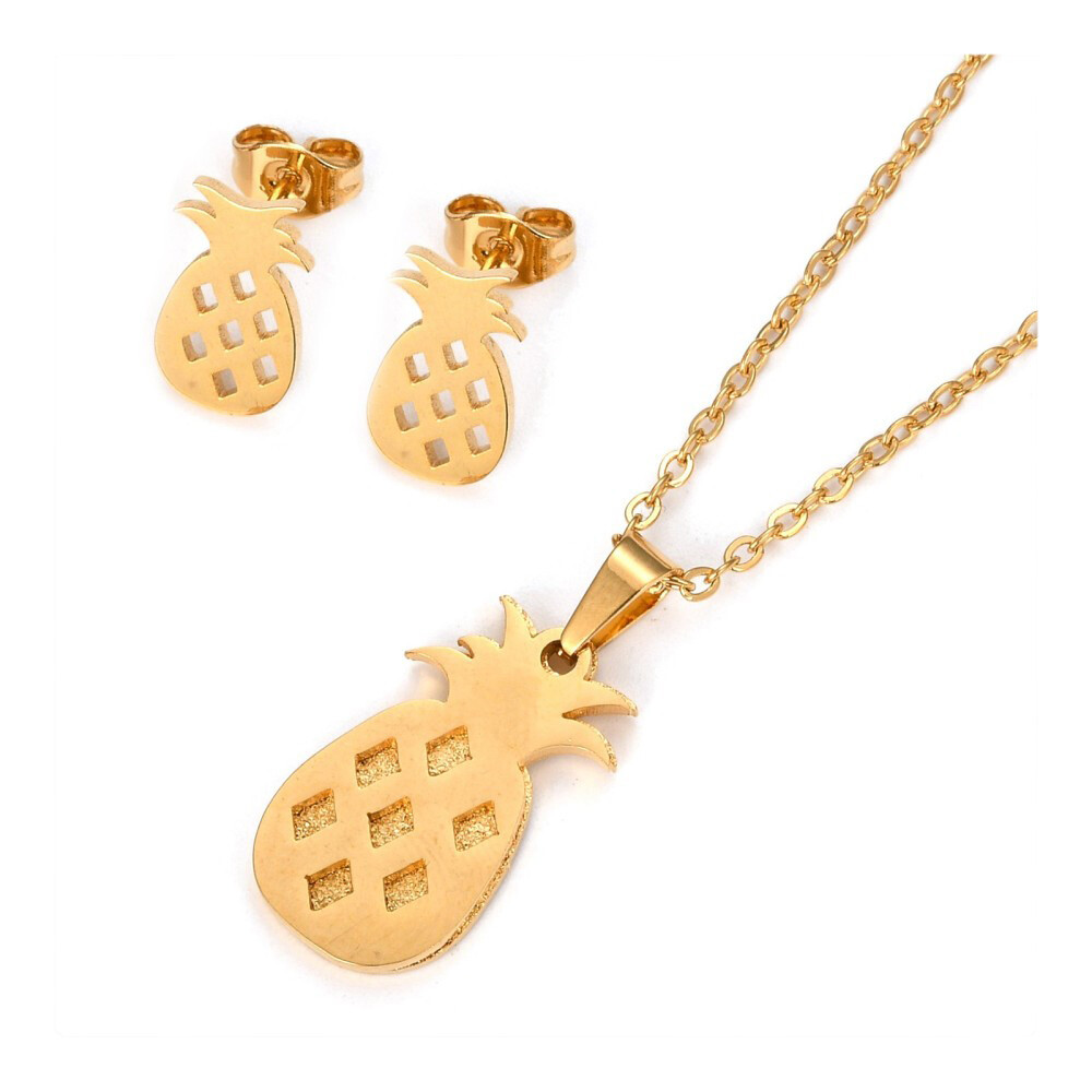 Stainless Steel Set Pendant Necklace Earrings Pineapple 17.72″ 0.7mm Z822
