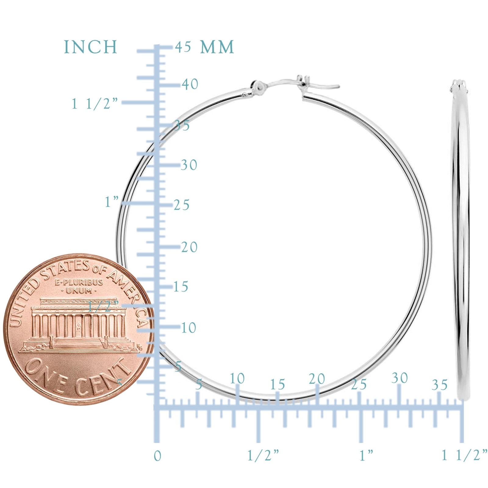 14k White Gold 1.5mm Shiny Round Tube Hoop Earrings, Diameter 40mm
