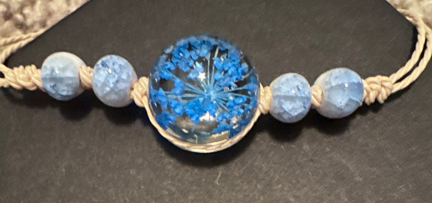 Adjustable Blue Flower & Blue/White crackle bead Charm Bracelet , Lobster clasp