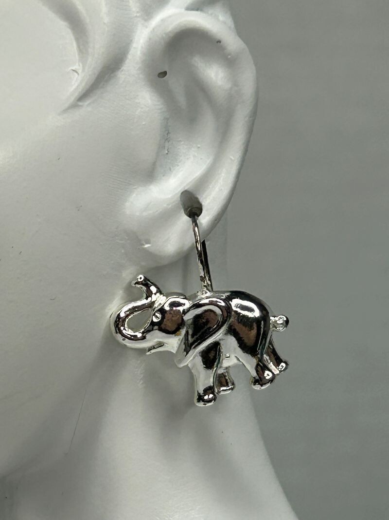 925 Elephant Earrings 0.75in Drop Silver Tone French Wire Detailed Trunk Up