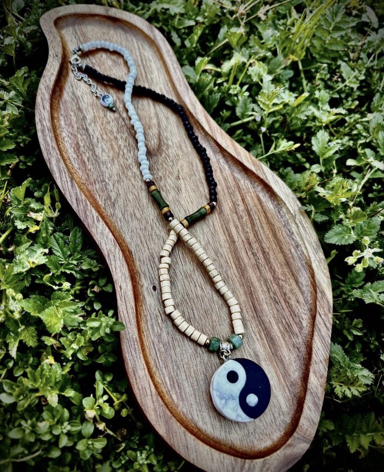 Multicolor Glass & Wood Beaded Necklace w/ Round Yin Yang Pendant, Adjustable