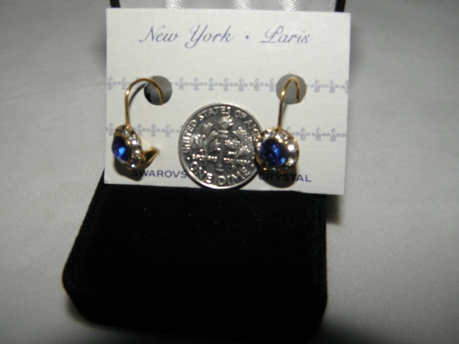 BLUE SAPHIRE EARRINGS AUSTRIAN CRYSTAL DANGLE DROP GOLD TONE NEW FLB