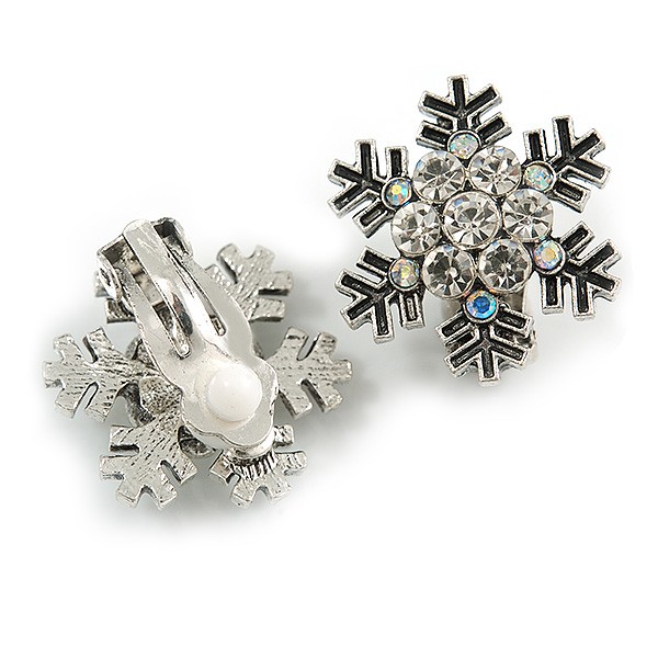 AB/ Clear Crystal Snowflake Clip On Earrings In Silver Tone – 20mm Diameter