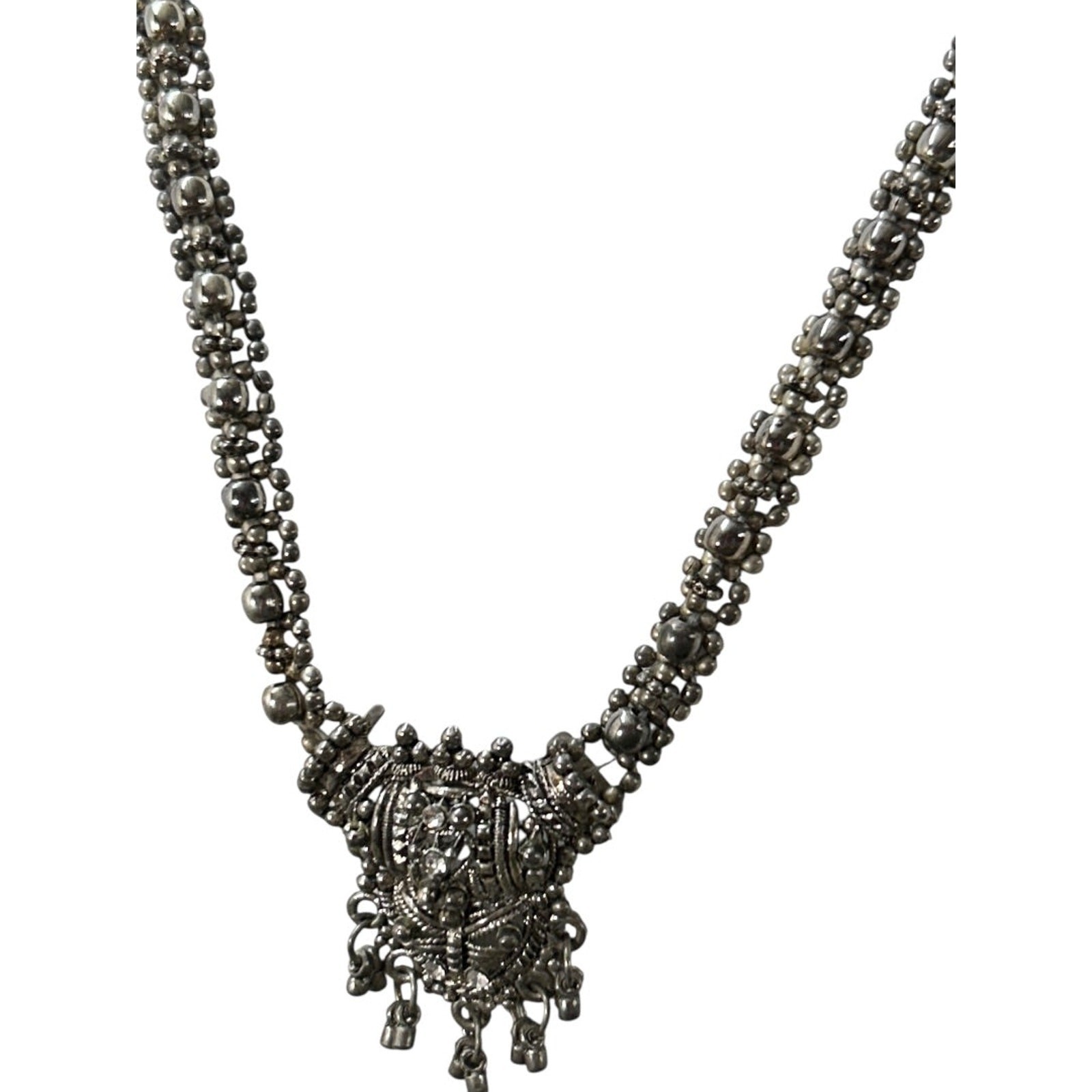 Slide Adjustable Overhead Silvertone Necklace Intricate Beading