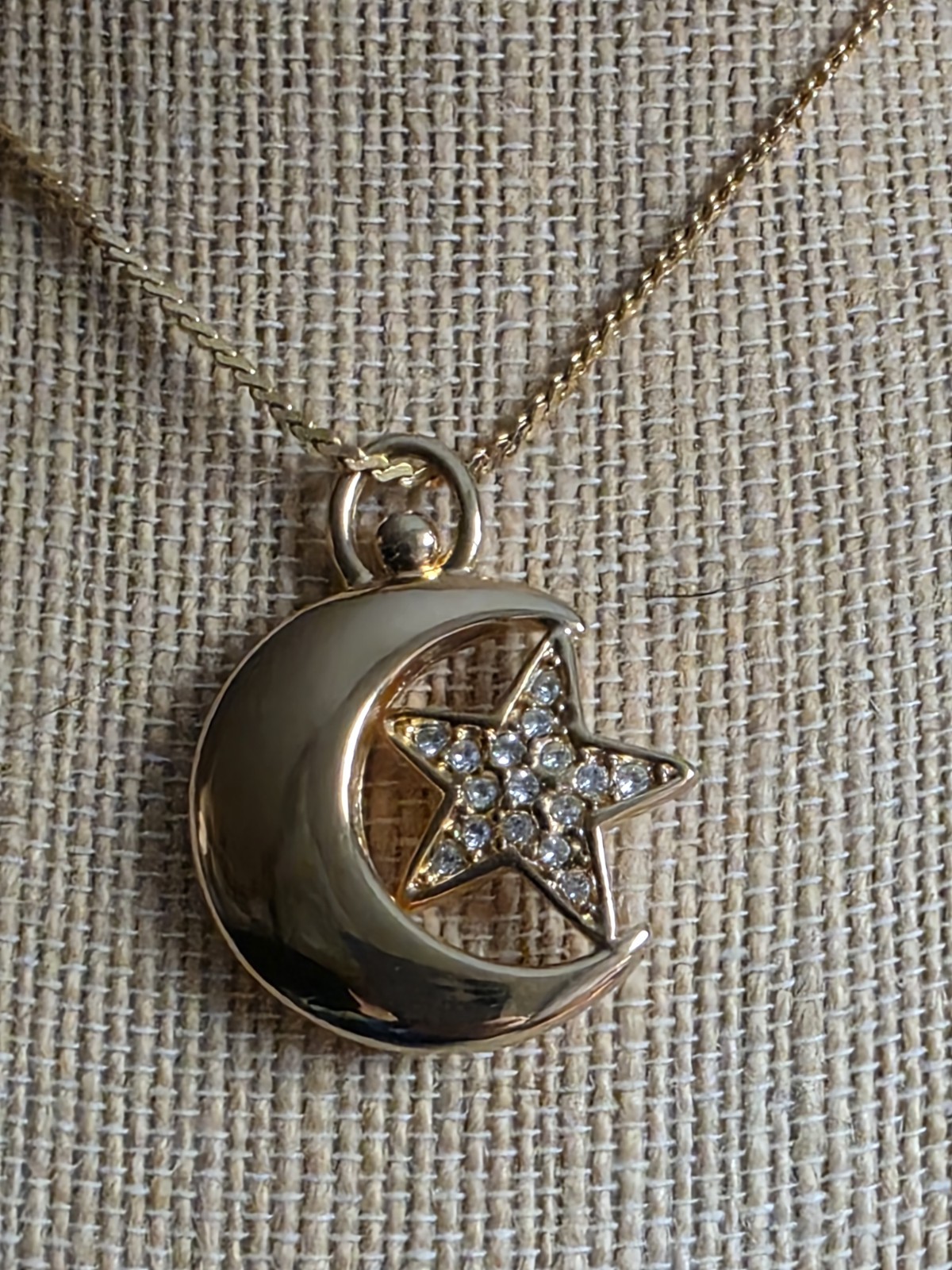 Goldtone Rhinstone Moon & Star Necklace 28 In